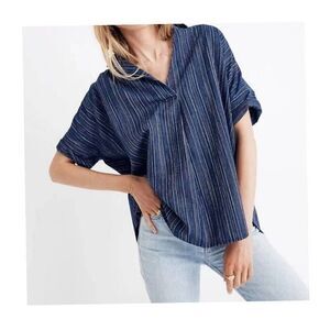 Madewell womens Sz XS blue striped soft denim courier button back top relax